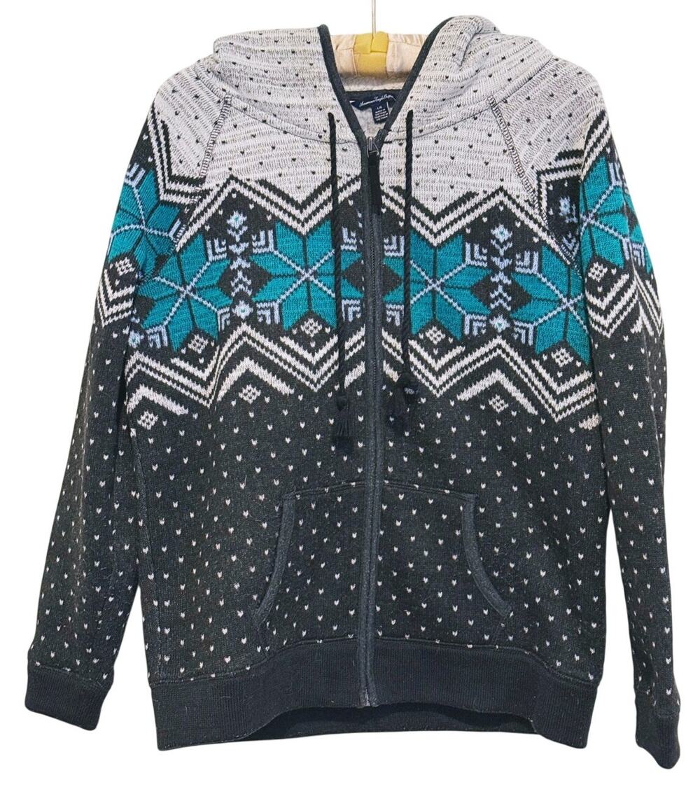 Vintage Y2K American Eagle Mens Full Zip Hoodie Jacket Large Gray Teal Indie